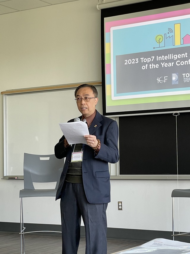 Chao-Hsiung Tseng, The Chief Secretary of Research, Development and Evaluation Commission of New Taipei City Government, gave an opening remark at the 2023 Top 7 Intelligent Communities of the Year Conference